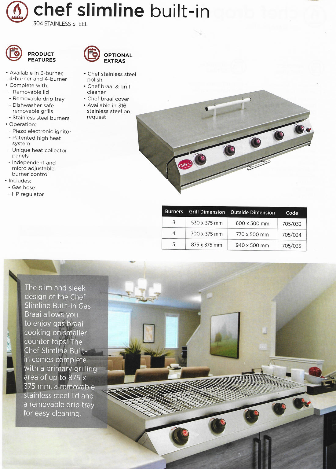 Slim line Chef counter top high pressure gas braai