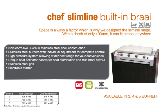 Slim line Chef counter top high pressure gas braai