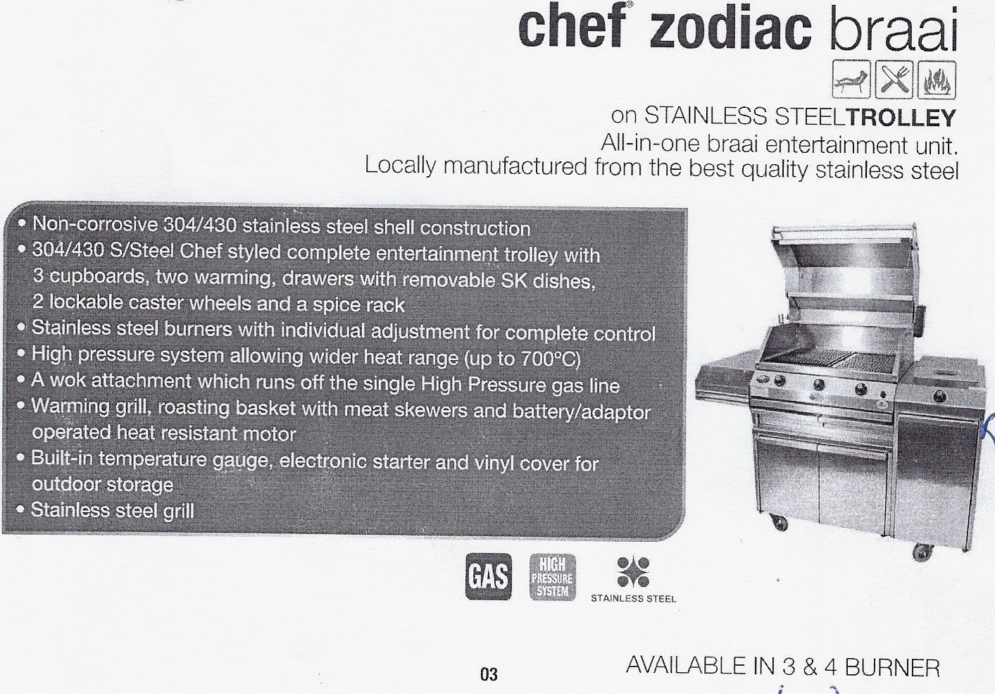 4 Burner Chef Zodiac high pressure mobile gas braai